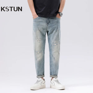 2024 Summer Ripped Jeans For Men Stretch Distressed Male Denim Pants Men's Cropped Pants Light Blue Harem Jeans Hip Hop Patched 