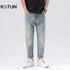 2024 Summer Ripped Jeans For Men Stretch Distressed Male Denim Pants Men's Cropped Pants Light Blue Harem Jeans Hip Hop Patched