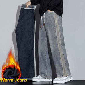 Black Jeans Men Baggy Pants Winter Straight Loose Thicken Fleece Denim Pants Men's Trousers Side Stripe Streetwear Elastic Waist 