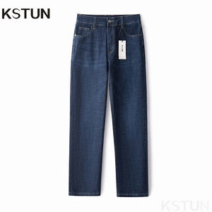 KSTUN Business Casual Jeans For Men Solid Blue Straight Cut Regular Fit Male Denim Pants 2024 New Arrival Full Length Trousers 