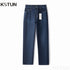 KSTUN Business Casual Jeans For Men Solid Blue Straight Cut Regular Fit Male Denim Pants 2024 New Arrival Full Length Trousers