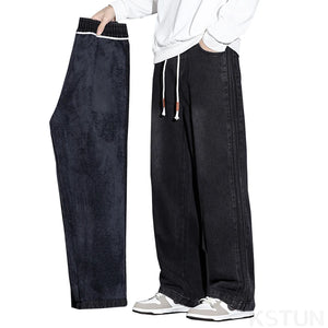 Black Jeans Men Baggy Pants Winter Straight Loose Thicken Fleece Denim Pants Men's Trousers Side Stripe Streetwear Elastic Waist 