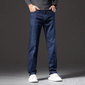 2024 Autumn Men Jeans Classic Business Casual Pants Straight Cut Solid Blue Denim Trousers Full Length Men's Clothing Hombre 