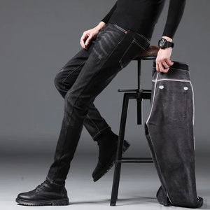 KSTUN Winter Black Jeans Men Warm Jeans Stretch Thicken Fleece Denim Pants Skinny Men's Trousers Fashion Desinger Mens Clothing 