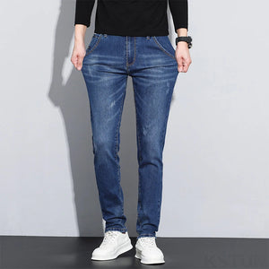 KSTUN Blue Stretch Jeans For Men Slim Straight Casual Male Denim Pants Mens Desinger Pockets Men's Clothing Full Length Trousers 