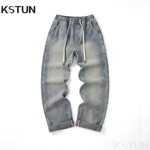 Retro Blue Jeans Men Baggy Pants Loose Fit Man Wide Leg Trousers Vintage Strawstring Fashion Desinger Striped Mens Clothing Boys 