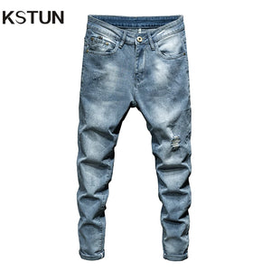 KSTUN Distressed Jeans For Men Light Blue Stretch Hip Hop Ripped Man Denim Pants Moto & Biker Jeans Slim Fit Mens Clothing Punk 