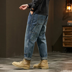 2024 Cargo Jeans Men Harem Pants Loose Baggy Pants Blue Patched Fashion Designer Pockets Trousers Oversized Tapered Streetwear 