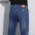 KSTUN Blue Stretch Jeans For Men Slim Straight Casual Male Denim Pants Mens Desinger Pockets Men's Clothing Full Length Trousers