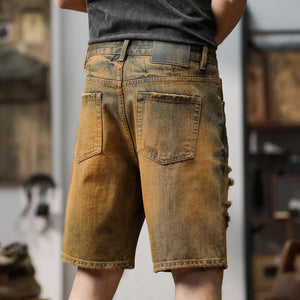 2024 Summer Denim Shorts Jeans Men Loose Fit Hip Hop Men's Shorts Baggy Jeans Distressed Hollow Out Retro Yellow Frayed Wide Leg 