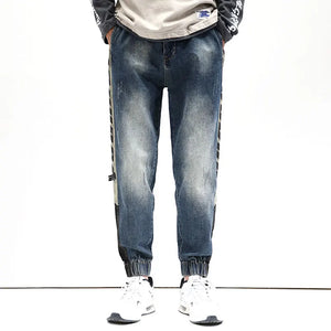 Jeans Men Oversize Pants Harem Joggers Elastic Waist Streetwear Side Striped Tapered Jeans Kpop Loose Fit Male Denim Trousers 