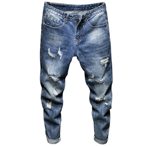 Ripped Jeans Men Blue 2024 Summer Harem Pants Men's Cropped Trousers Ankle