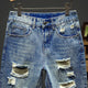 Ripped Jeans Men Denim Shorts Hip Hop Slim Straight Blue Hollow Out Moto & Biker Jeans Knee Length Pants 2024 Summer Shorts Boys 