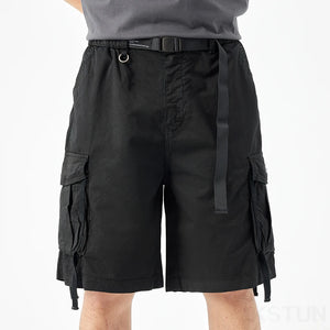 2024 Men Summer Shorts Pants Black Cargo Shorts Wide Leg Loose Fit 100% Cotton Fashion Striped Desinger Overalls New Kpop 