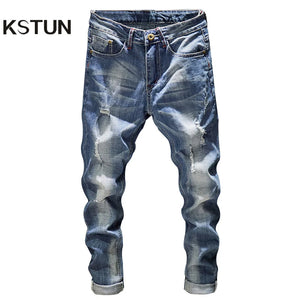 Ripped Jeans Men Slim Fit Light Blue Stretch Fashion Streetwear Frayed Hip Hop Distressed Casual Denim Jeans Pants Male Trousers 