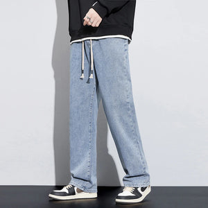 Wide Leg Jeans Men Baggy Pants Loose Fit Straight Cut Retro Blue Drawstring Fasshion Pockets Vintage Men's Trousers Streetwear 