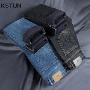 KSTUN 2024 Winter Men's Jeans With Fleece Warm Jeans Thicken Denim Pants Straight Cut Stretch Business Casual Fashion Pockets 