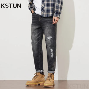 Hip Hop Harem Pants Men Jeans Stretch Slim Taper Ripped Patchwork Distressed Dark Blue Streetwear Men's Clothing Denim Trousers 