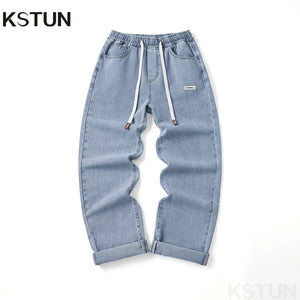 KSTUN Baggy Jeans Men Loose Fit Wide Leg Pants Casual Elastic Waist Boys Denim Pants Light Blue Men's Clothing pantalones hombre 