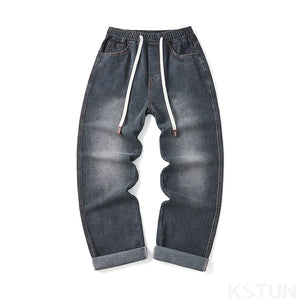 Men's Jeans Pants Loose Fit Wide Leg Baggy Pants For Boys Students Elastic Waist Strawstring Mens Clothing Trousers Streetwear 