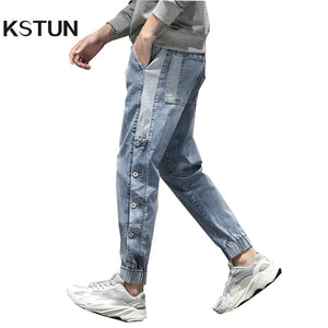 Harem Jeans Men Oversized Joggers Pants Stretch Light Blue Side Rivets Loose Fit Tapered Jeans Men Streetwear Patchwork Trendy 