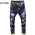 Mens Ripped Jeans Slim Fit Dark Blue Spring Autumn Destroyed Torn Stylish Moto Biker Jeans Denim Pants Men Hip Hop Streetwear