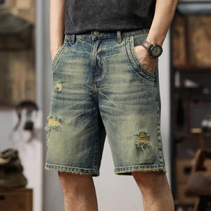 Moto & Biker Jeans For Men Denim Shorts 2024 Summer Shorts Loose Fit Hip Hop Ripped Jeans Distressed Hollow Out Knee Length Pant 