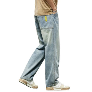 Wide Leg Jeans Men Baggy Pants Summer Straight Cut Loose Retro Blue Denim Pants Streetwear Fashion Pockets Vintage Man Clothes