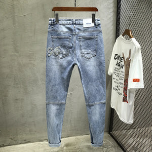 Brand Man Jean Stretch Slim Fitness Light Blue Streetwear Pants Original Man Jeans Patch Denim Trousers Fashion Letters Desinger
