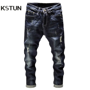 Distressed Jeans Men Dark Blue Stretch Slim Fit Hip Hop Destroyed Broken Holes Ripped Man Denim Pants Frayed Trousers Punk Style